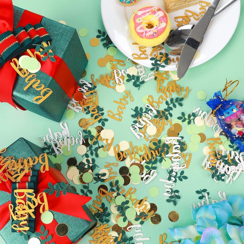 Confetti Tissue Sprinkle - 350 Pcs Baby Shower Decorations - Gold, Ivory, Sage Green Table Scatter for Ice Cream Theme Party & Wedding