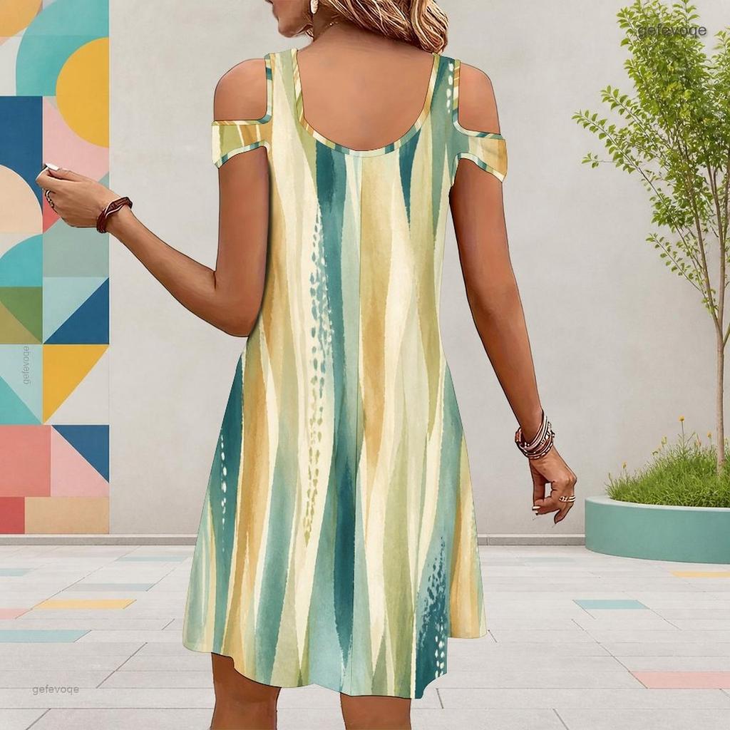 Women Plus Size V Neck Cold Shoulder Abstract Printed Short Sleeve Curved Hem Dress