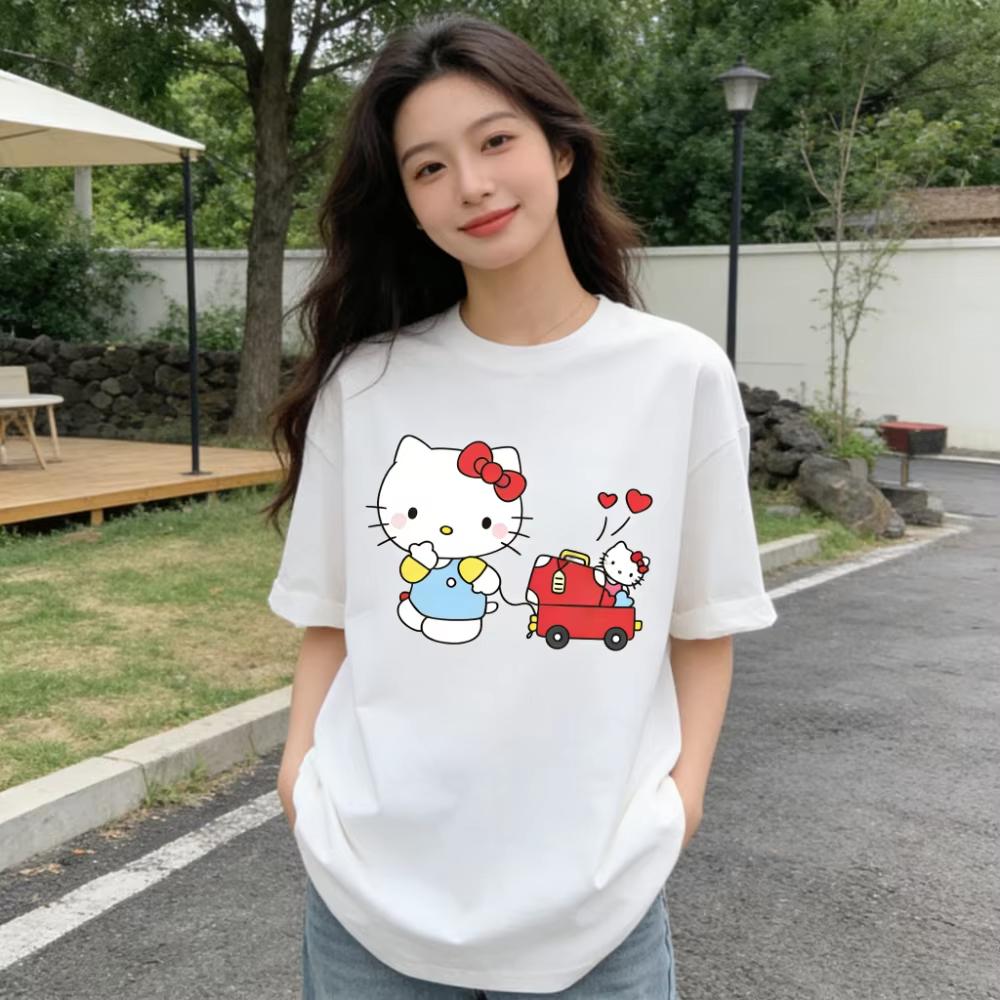 2026 Summer Hello Kitty Cartoon Printed Short Sleeve Pure Cotton Tshir Comfortable summer loosefitting Womens clothing S