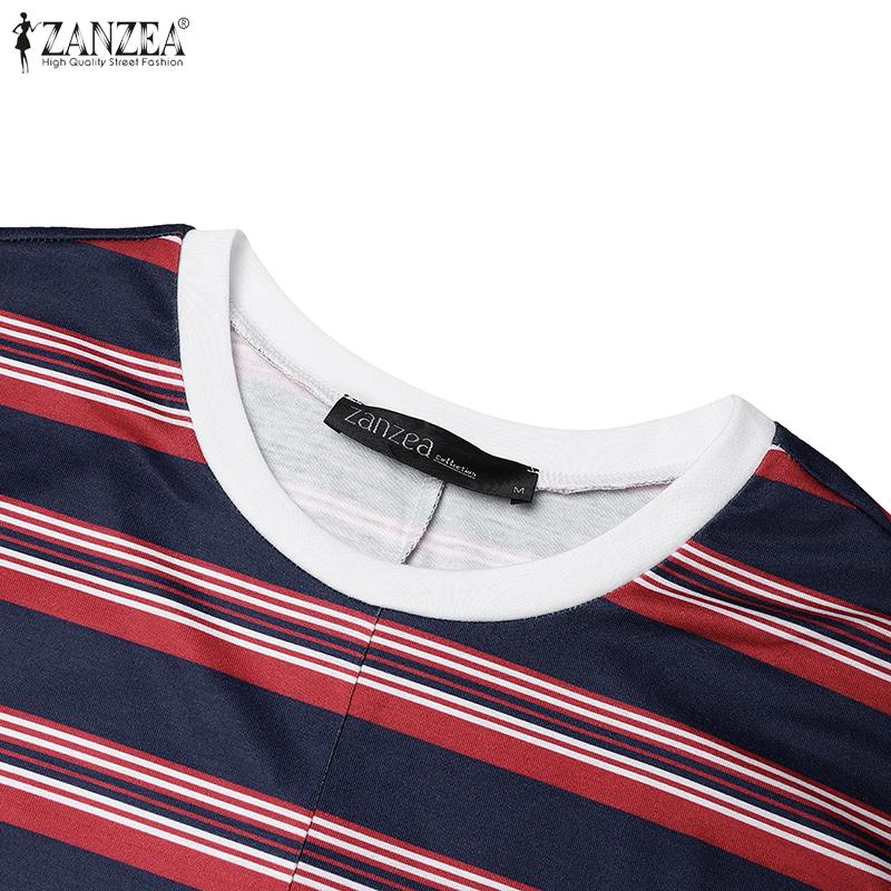 ZANZEA Women Casual Round Neck Summer Short Sleeve Stripe Patchwork Long Dress