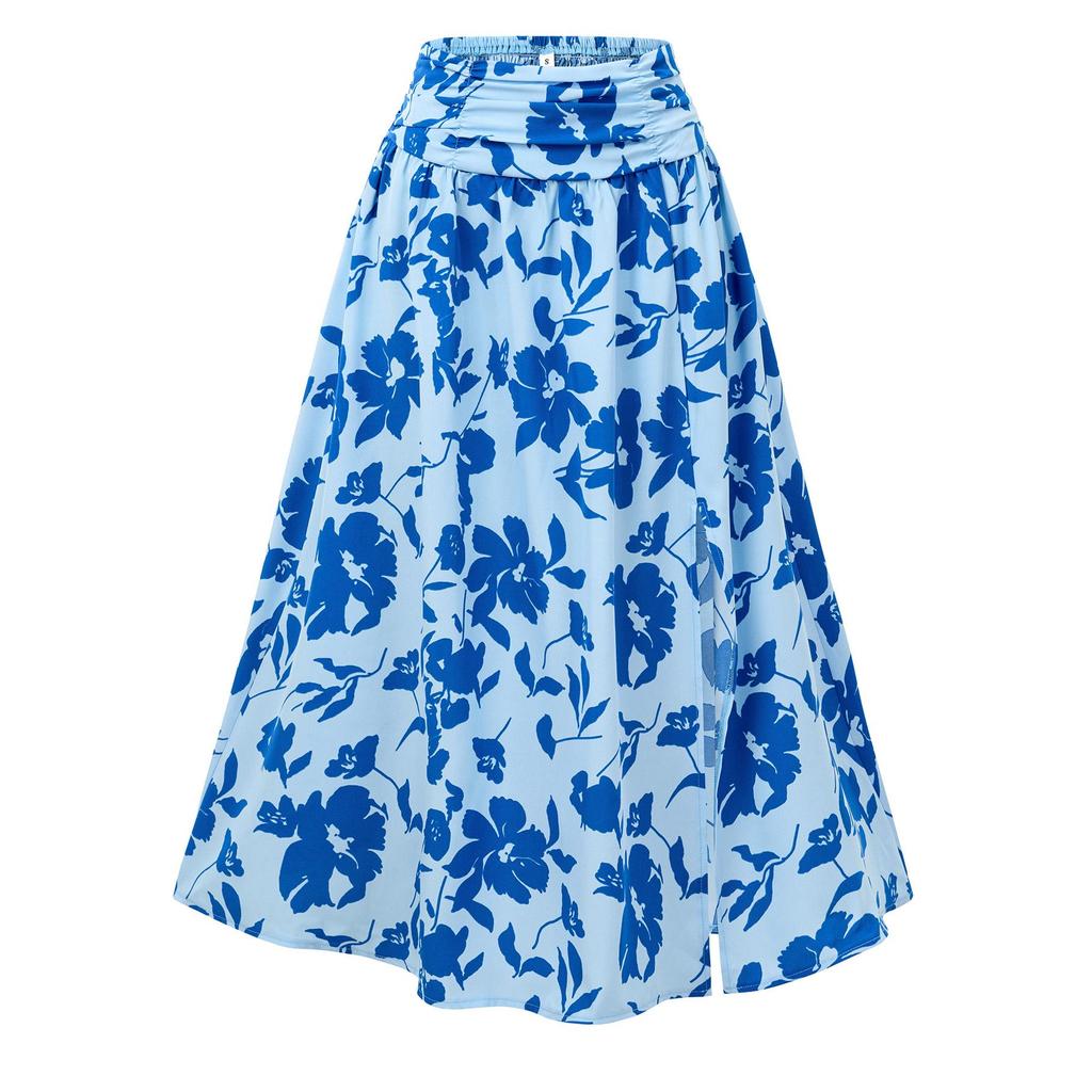 Women Spring Floral Print Skirt Summer Casual A-Line High Waist Middle Long Split Skirts S-XL