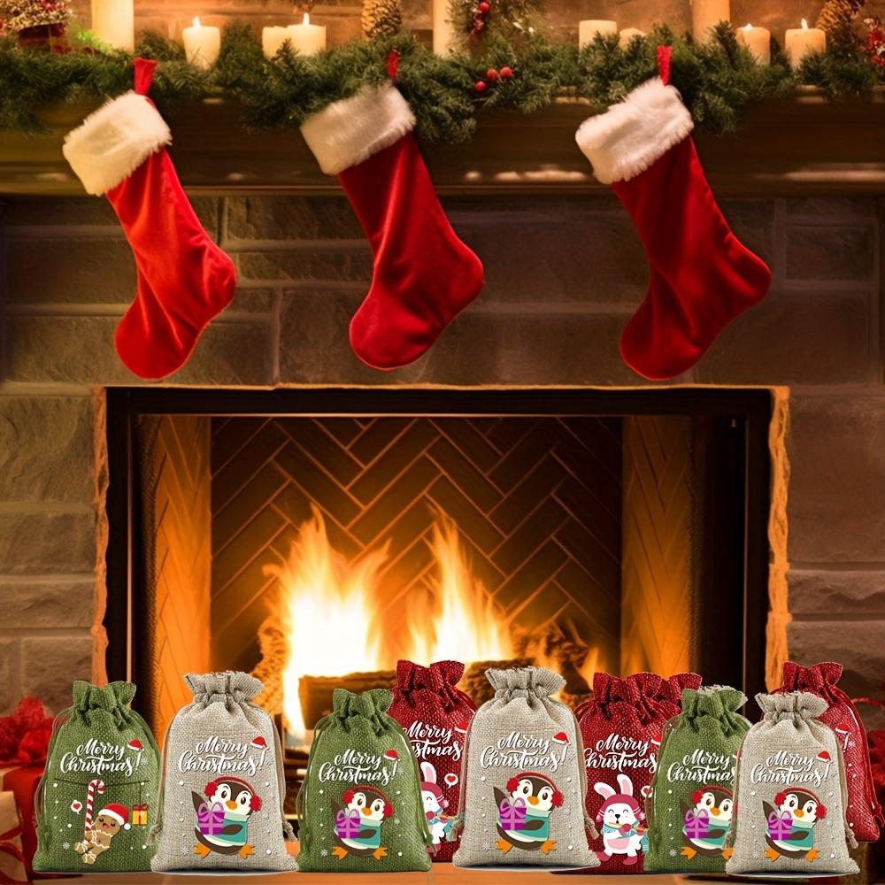 12pcs Festive Burlap Christmas Drawstring Bags with Santa Snowman & Tree Designs for Gift Wrapping Party Favors Decoration Tools