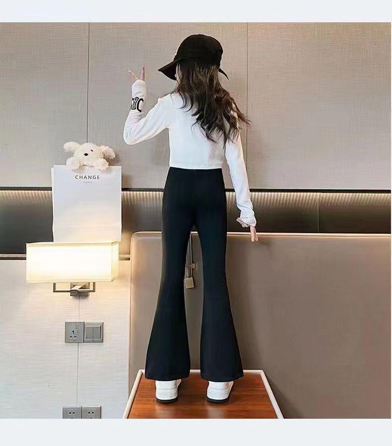 Girls' Black Micro-Flare Yoga Pants - Spring/Autumn Barbie Style for Kids