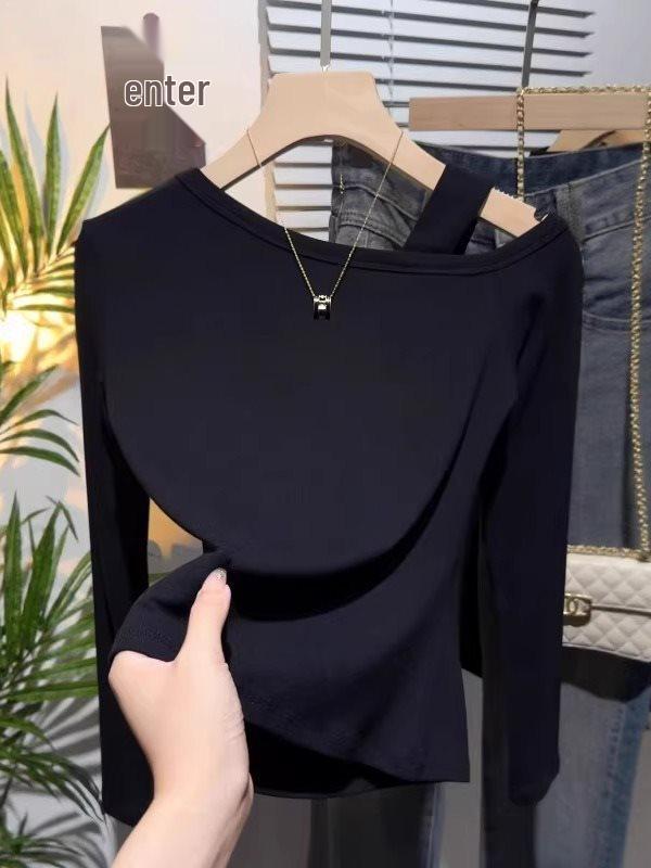 Women's Autumn Plus-Size Off-Shoulder Long-Sleeve Black Slimming Cotton T-Shirt