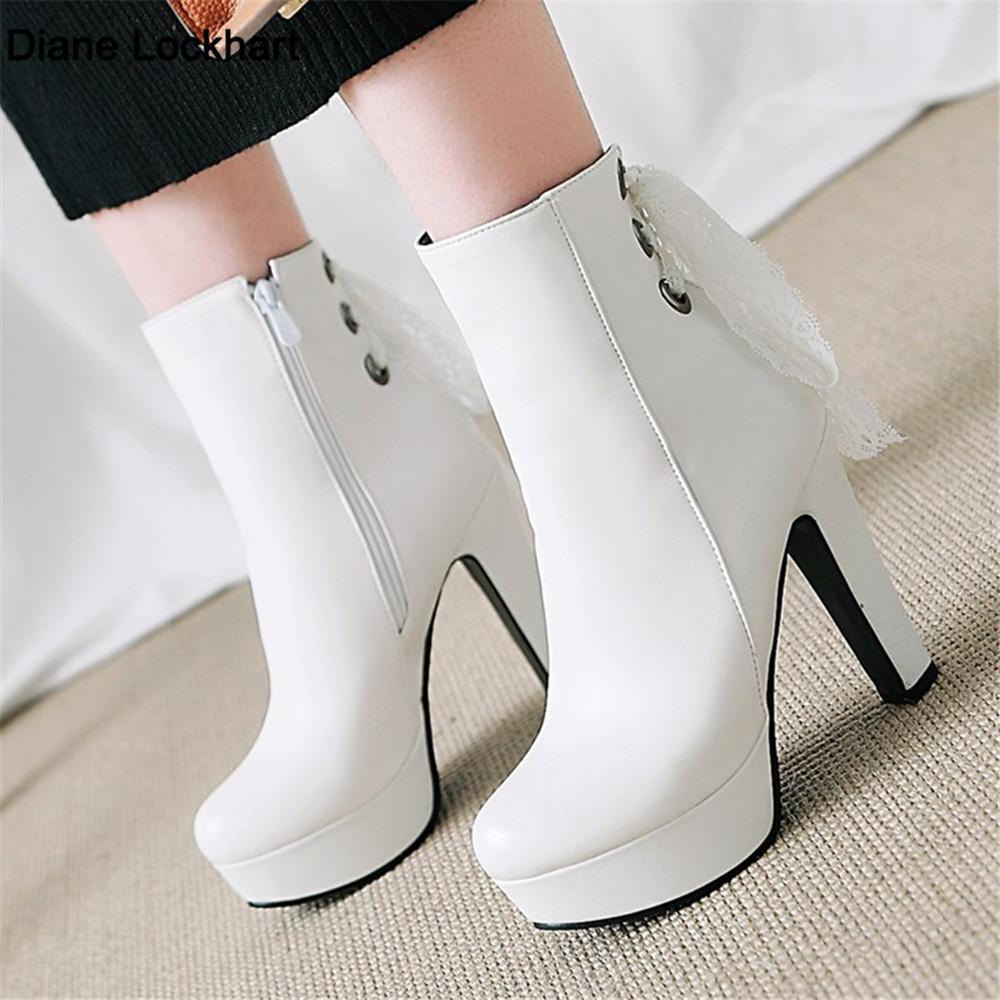 Fashion Elegant Short Boats Women Shoes Autumn Winter Women's Ankle Boots Platform Sweet Lace Black White Heeled Party Shoes Ladies
