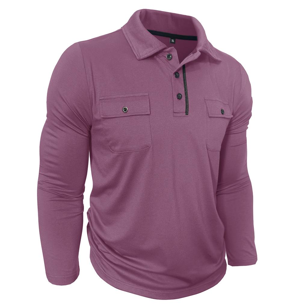 Spring Autumn Men's Long Sleeve Casual Polo Shirts Solid Lapel Button Up Pull On Polos Man
