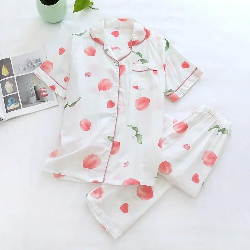 New Spring and Summer Pajamas Two-piece 100% Cotton Gauze Women's Short-sleeved Trousers Home Service Suit Cute and Thin