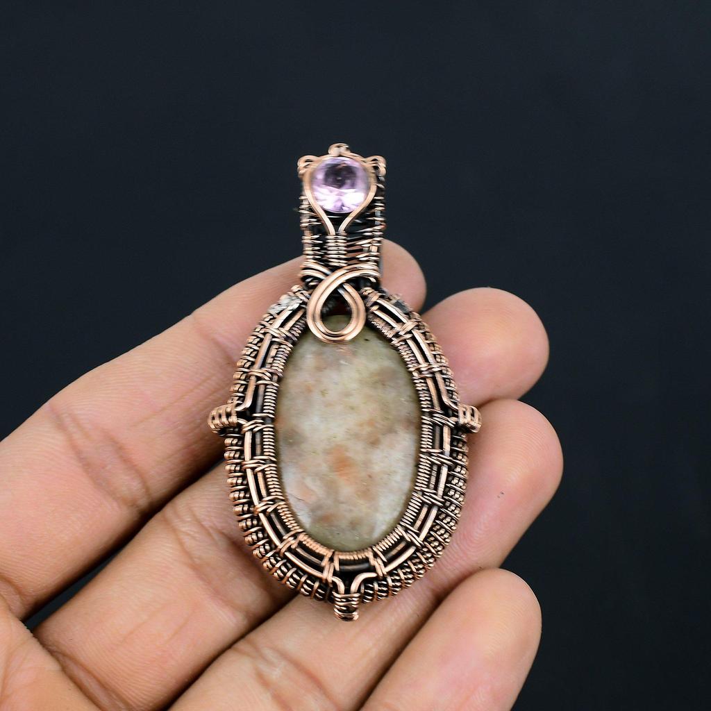Sunstone & Kunzite Gemstone Handmade Pure Copper Wire Wrapped Pendant Jewelry For Thanksgiving