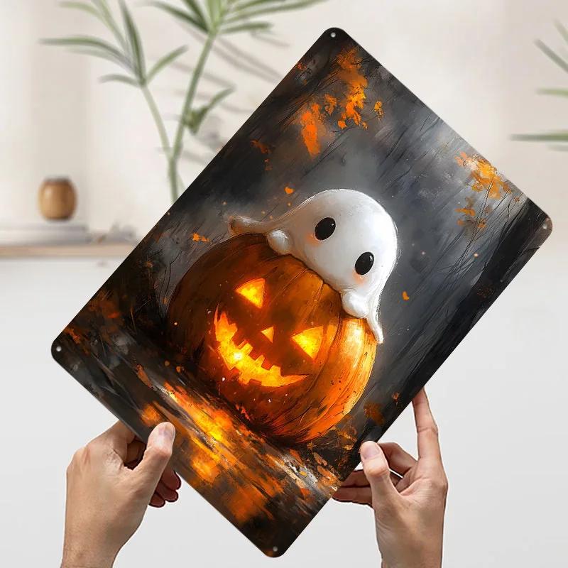 Ghost on Pumpkin Tinplate Poster Customized Wall Art Vintage Retro Metal Signs for Bathroom Decor Decoration Living Room Home At