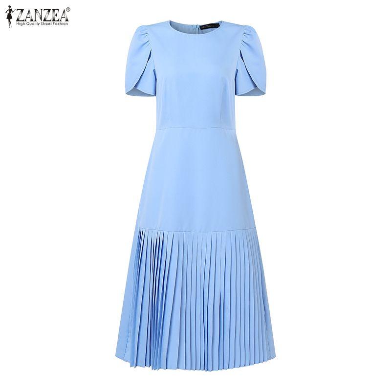 ZANZEA Women Casual Round Neck Short Sleeve Pleated Dress
