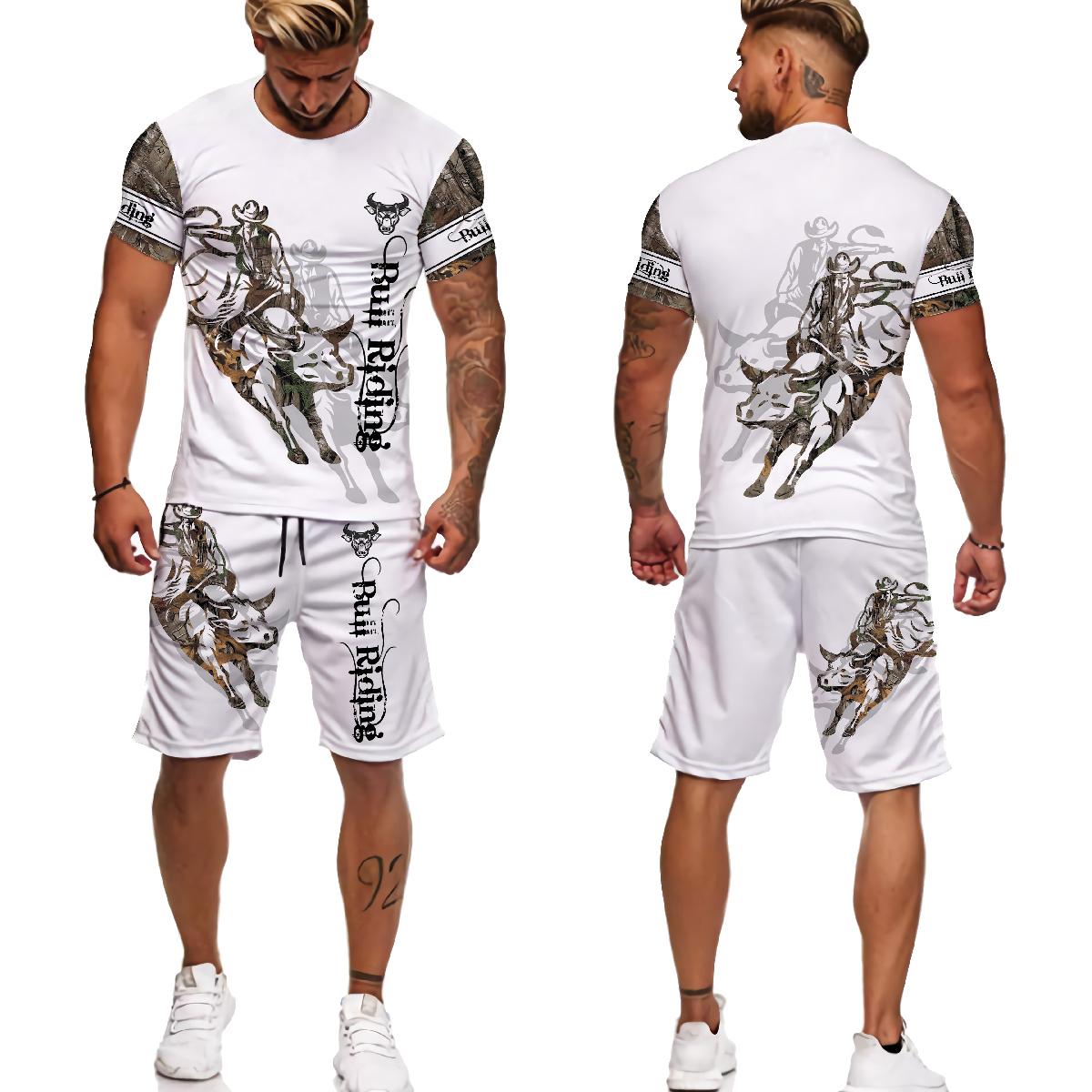 

Чоловічі тварини бик верхи ковбой татуювання камуфляж 3D друковані футболки/костюми літній повсякденний вуличний одяг з короткими рукавами футболки комплекти спортивний одяг XXL