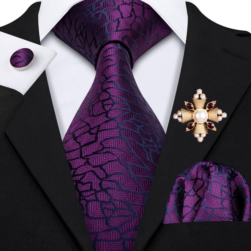 Pearl Brooch with Silk Tie for Men Vintage Floral Teal Necktie Hanky Cufflinks Gift Formal Set