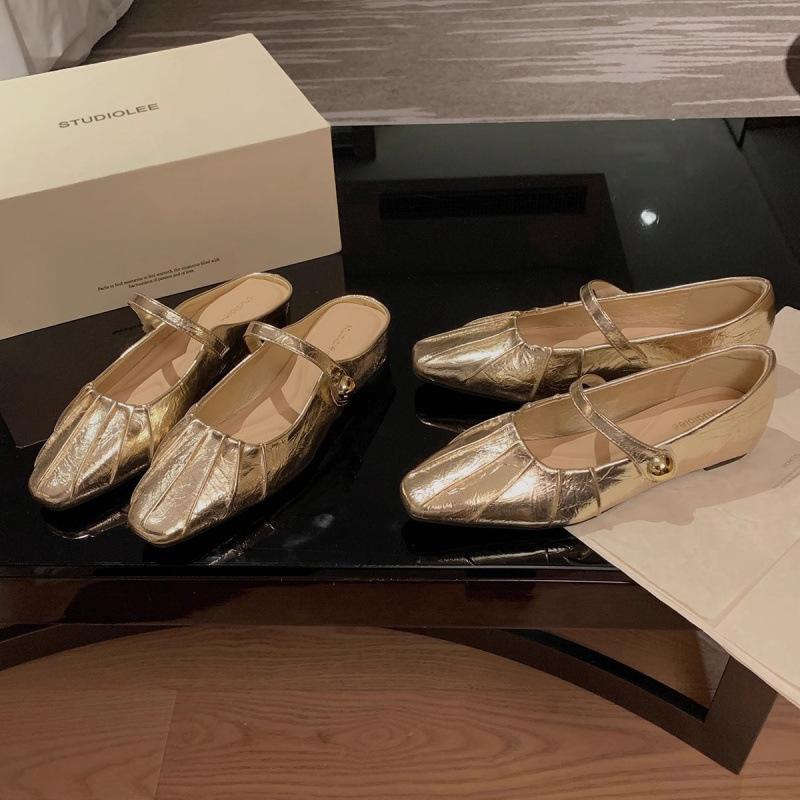 Temperament small square head pleated word with shallow mouth Mary Jane bag head half slippers female summer