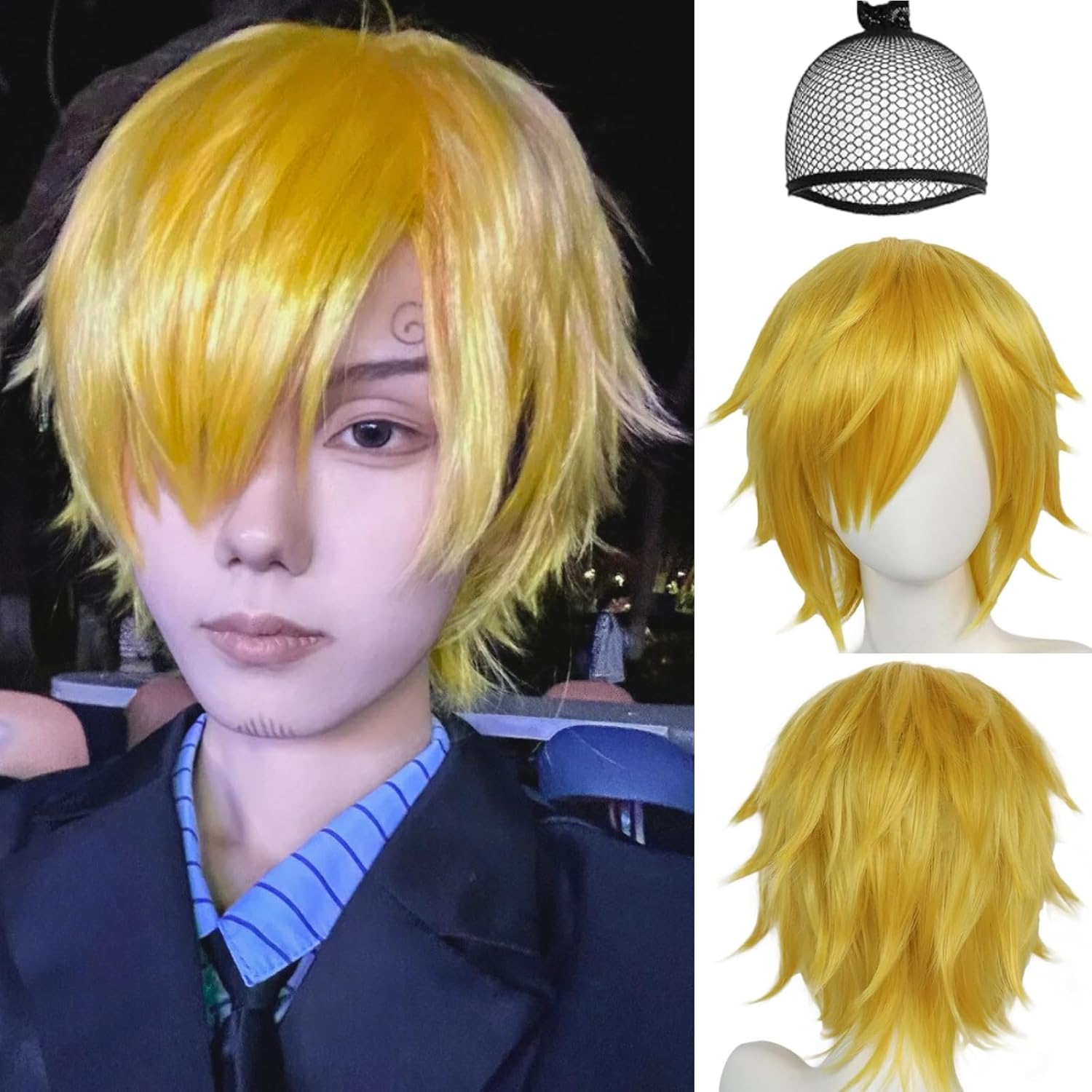 One Piece Cosplay Wig Sanji Wig Short Golden Yellow Synthetic Wigs for Anime Cosplay Halloween Costume Party One Size золотой