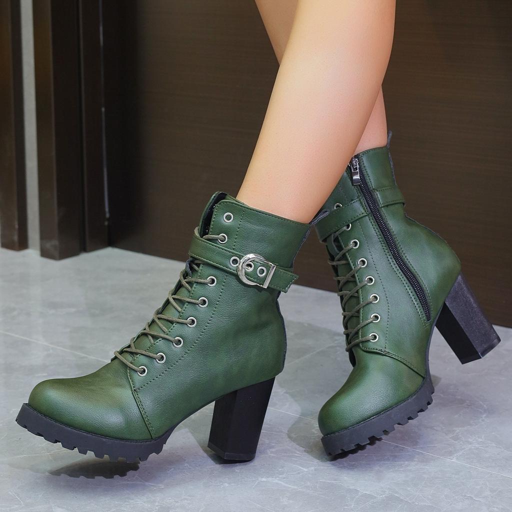 Autumn and winter new high-heeled short boots large size belt buckle European and American side zipper thick-heeled boots Martin boots