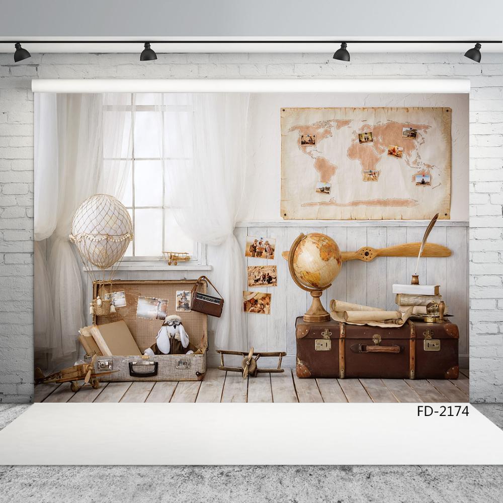 Plane Suitcase Map Travel Birthday Decor Baby Shower Vinyl Cloth Photo Backgrounds Photography Backdrops Photocall Photo Studio