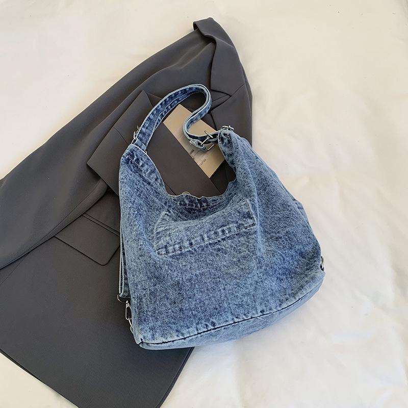 2026 Summer Women's Retro Denim Tote Bag - Large Capacity Casual Shoulder Bag for Students