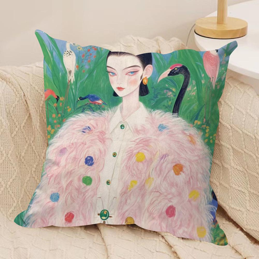 Fashion Illustration Cushion Cover Soft Plush Fabric Double-Sided Printed Sofa Cushion Cover for All Seasons Home Decor Gift