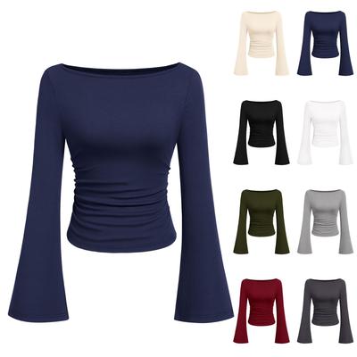 Top da donna alla moda a maniche lunghe con maniche a campana monocolore