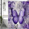 Purple Floral Butterfly Shower Curtain, Bathroom Decorative Shower Curtain, Waterproof Shower Curtain with Hooks
