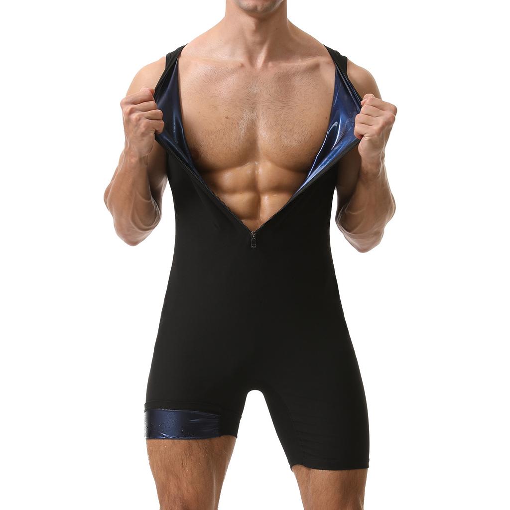 Combinaison Sauna Homme Gainant Body de Course Sweat à Fermeture Éclair Entraînement avec Short Maillot de Corps Fitness Musculation Combinaison d'Exercice Débardeur Combinaison
