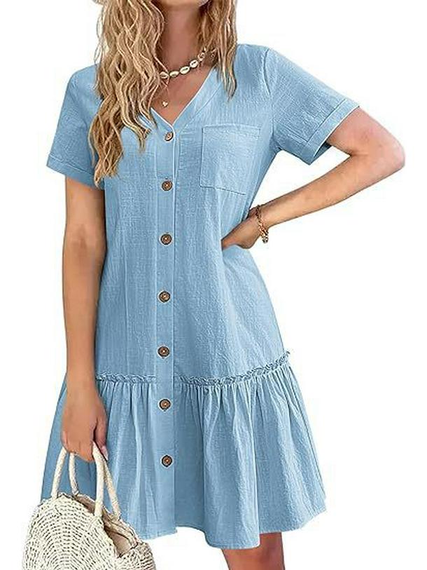 Women's Summer 2025 Casual Ruffle Hem Pocket Dress with Short Sleeves