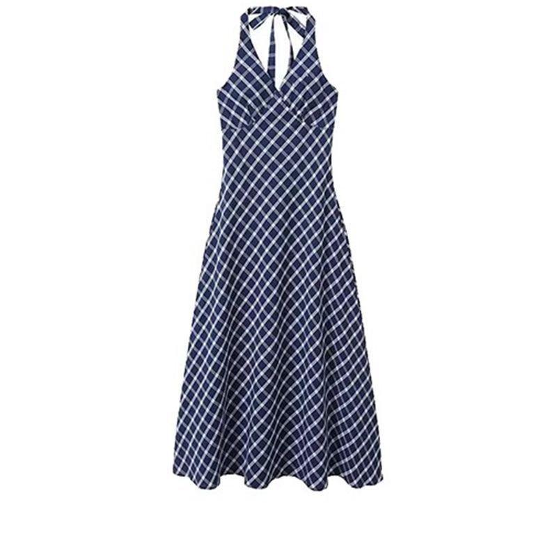 Women s French Retro Blue Plaid Slimming Dress - 2026 Spring High-Class Long Halter Neck Medium