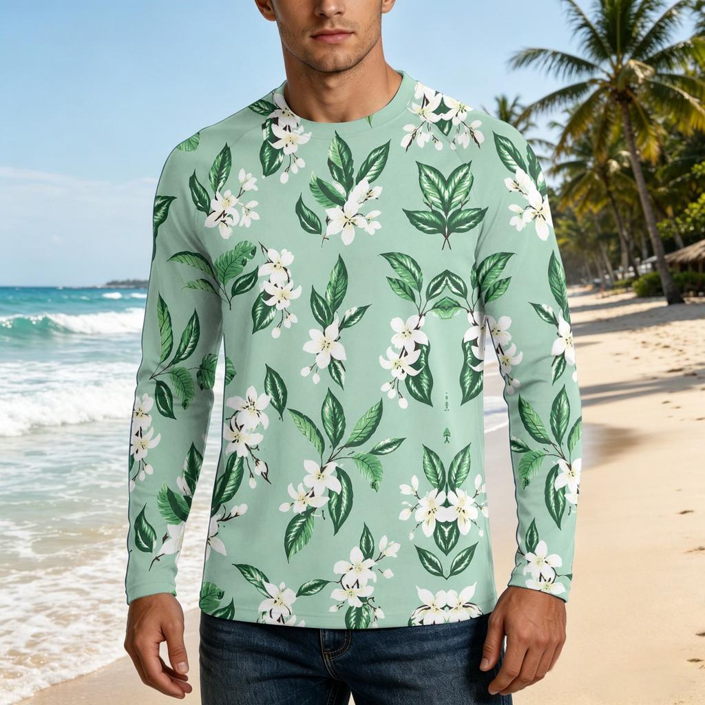 Men Long Sleeve UPF50 Plus Sun Protection Shirt UV Blocking Outdoor Sports Fishing Casual Top Floral Print Lightweight Fabric