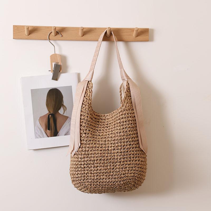 Women's Asian-Inspired Straw Tote Bag - Oversized Solid Woven Beach Bag with Detachable Ribbon for Vacation Essentials & Boho Outfits