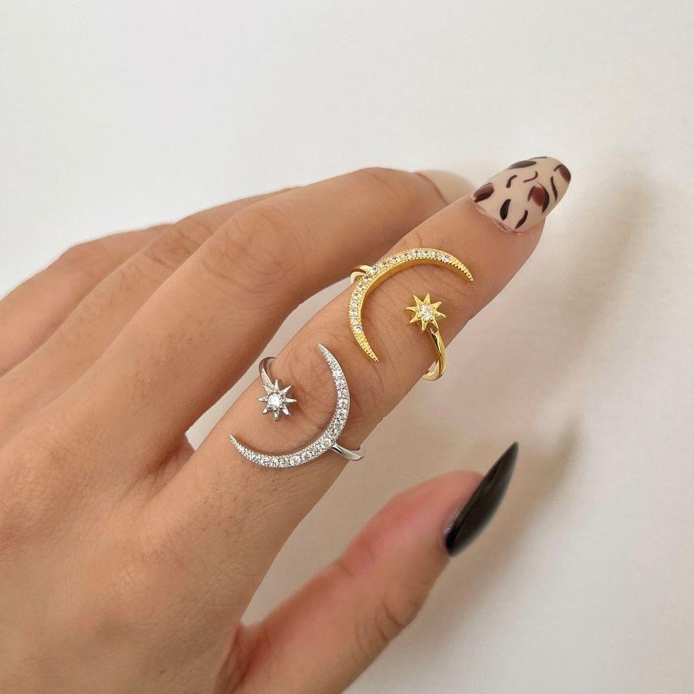 Rhinestone Couple Ring Zinc Zinc Alloy Crescent Moon Ring Cute Star Moon Opening Rings  Decoration