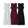Kaslead New Women clothes Western Style Fashion Simple round Neck Single-Breasted Belt Decoration Dress