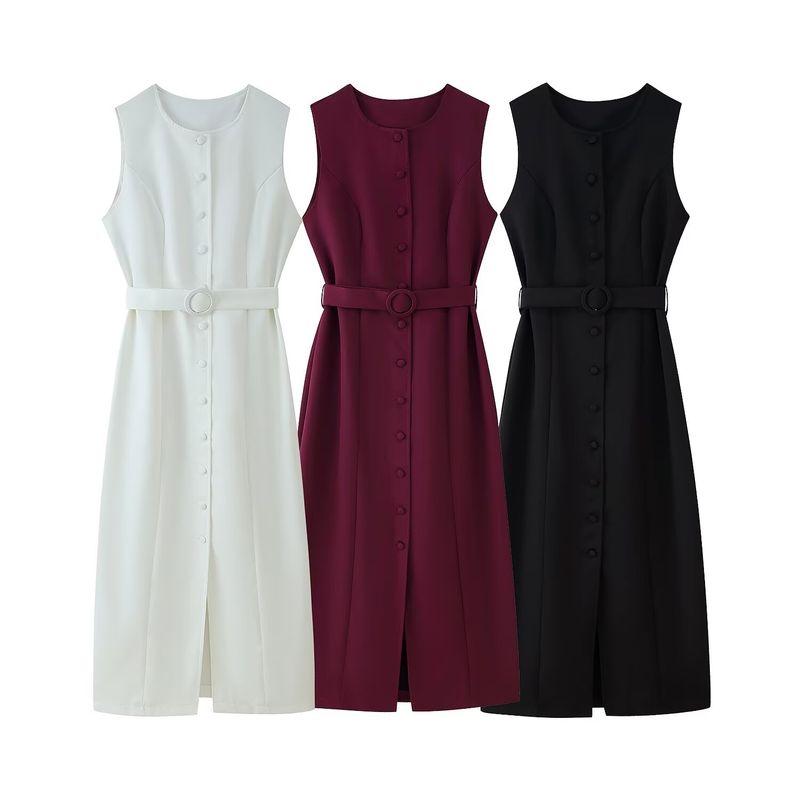 Kaslead New Women Clothes Western Style Fashion Simple Round Neck Single-Breasted Belt Decoration Dress