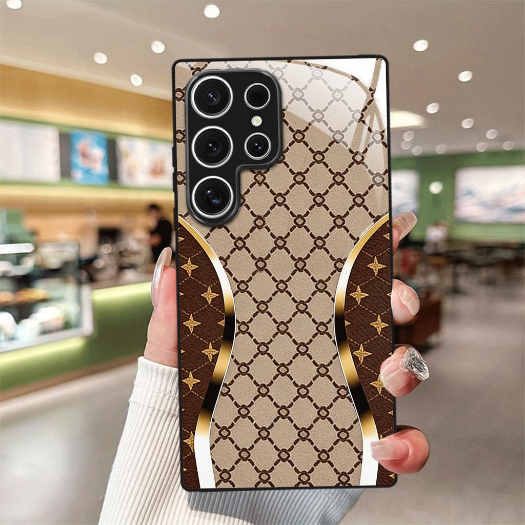 Brown Lattice Star Print Glass phone case mobile phones fashion phone cases for Samsung Galaxy S26 S25 S24 S23 S22 FE Ultra Plus