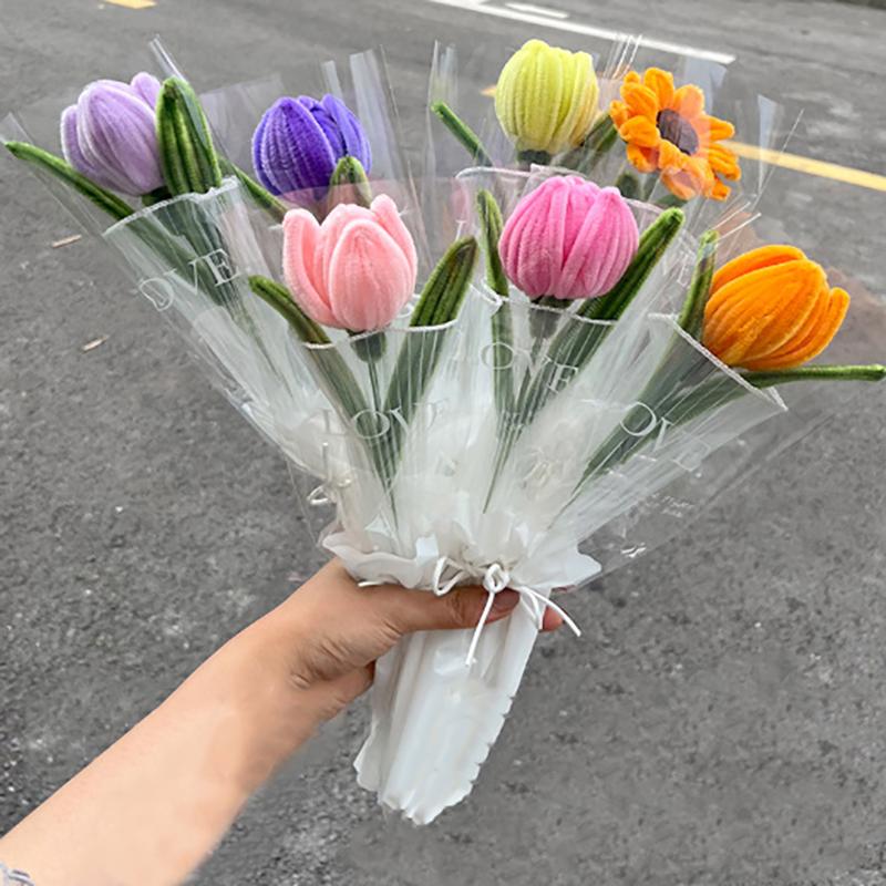 Knitting Flower Rose Tulips Single Bouquet Simulation Flower Home Decoration Wedding Hand-Knitted Crochet Fake Floral