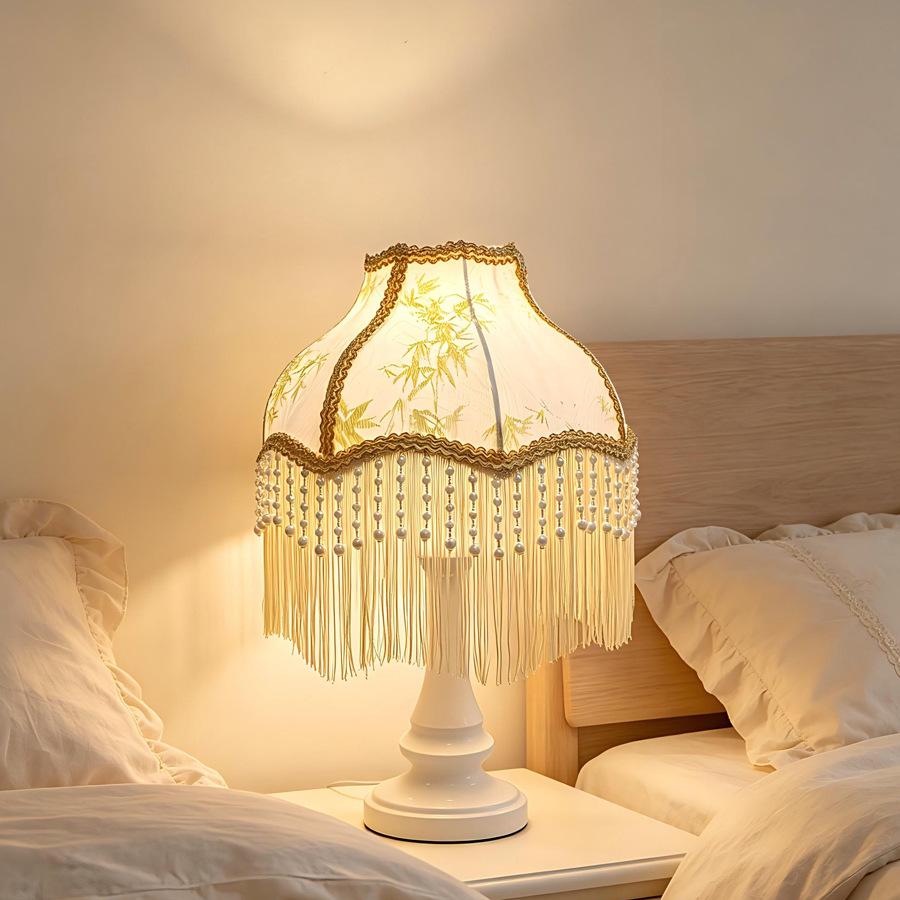 Elegant White and Pink Bamboo Pattern Lampshade with Pearl Tassel and Inlaid Edge - Versatile Style Fit