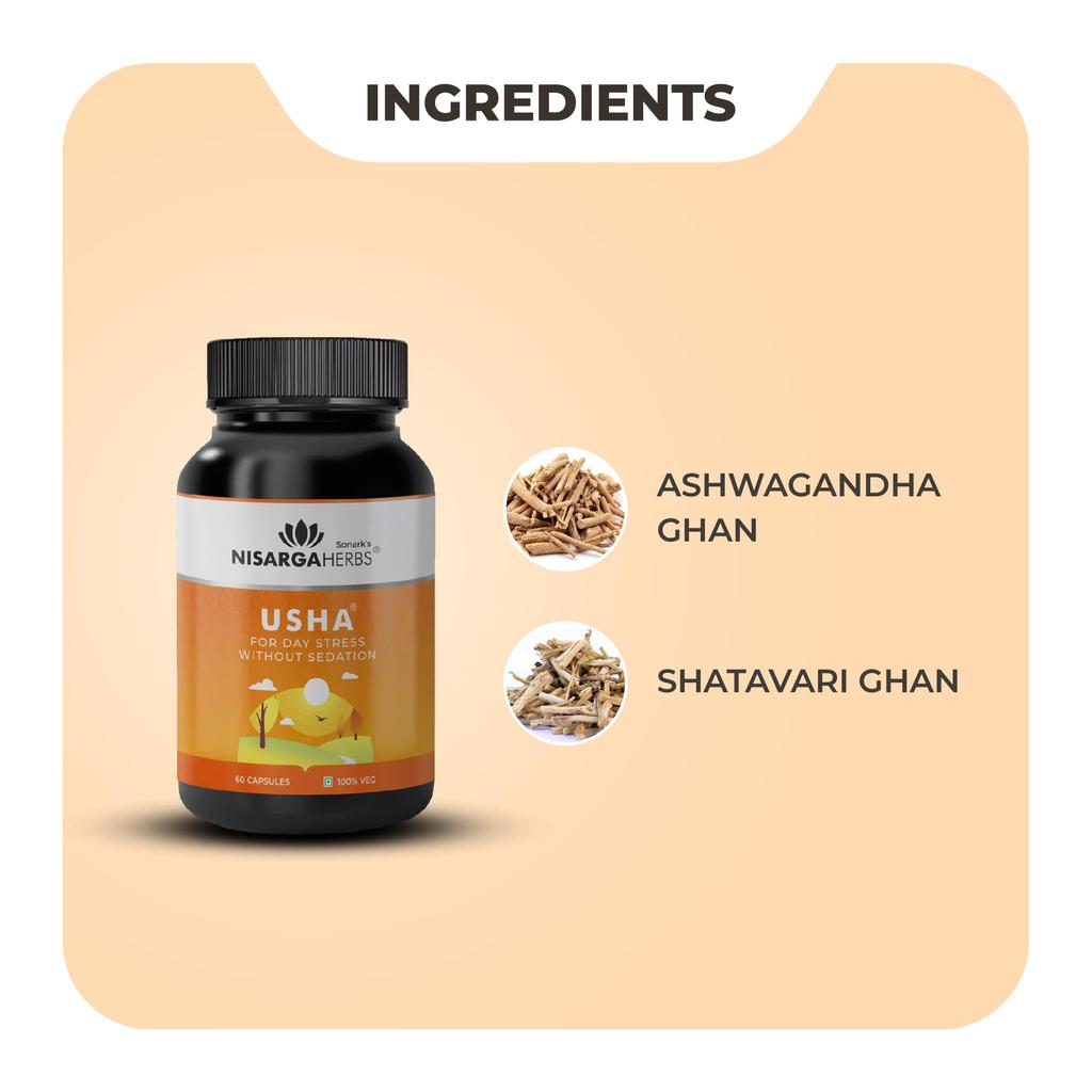 SONARK'S NISARGA HERBS Usha (60 Veg Capsules) – Ayurvedic Daily Stress & Mood Support – Natural Ashwagandha & Shatavari Energy Booster for Mind &