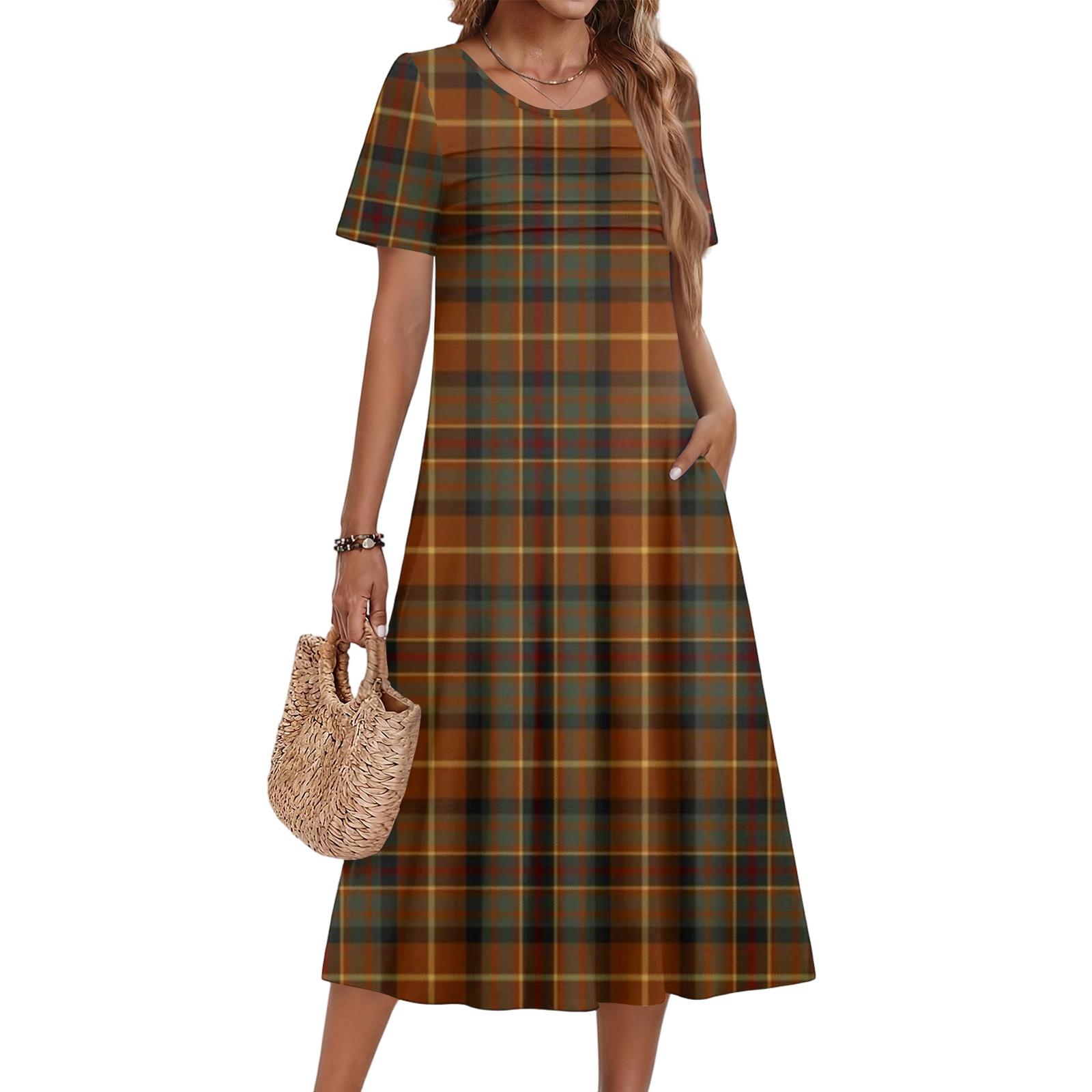 

Ladies Plaid Printed Casual And Fashionable Short Sleeved Round Neck Dress M