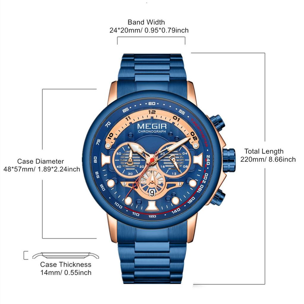 MEGIR 48MM Big Dial Men Watch Luxury Stainless Steel Waterproof Luminous Quartz Chronograph Sport Wristwatch Male Clock Reloj Hombre 2223