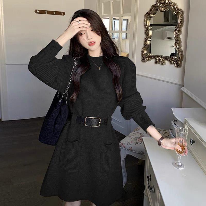 Chic Korean Style Knitted Sweater Dress for Autumn & Winter - Slimming Waist, Thick Base Layer