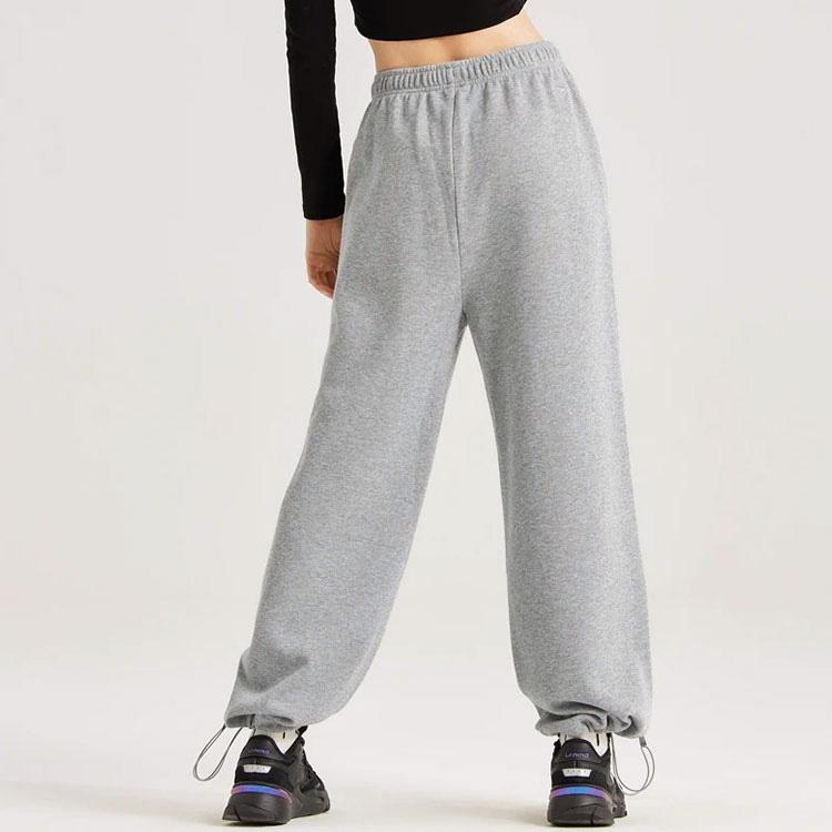 Li Ning Sports Lifestyle Series Solid Color Fleece Loose Sports Pants Women Pants Light-Gray AKLRF66-2