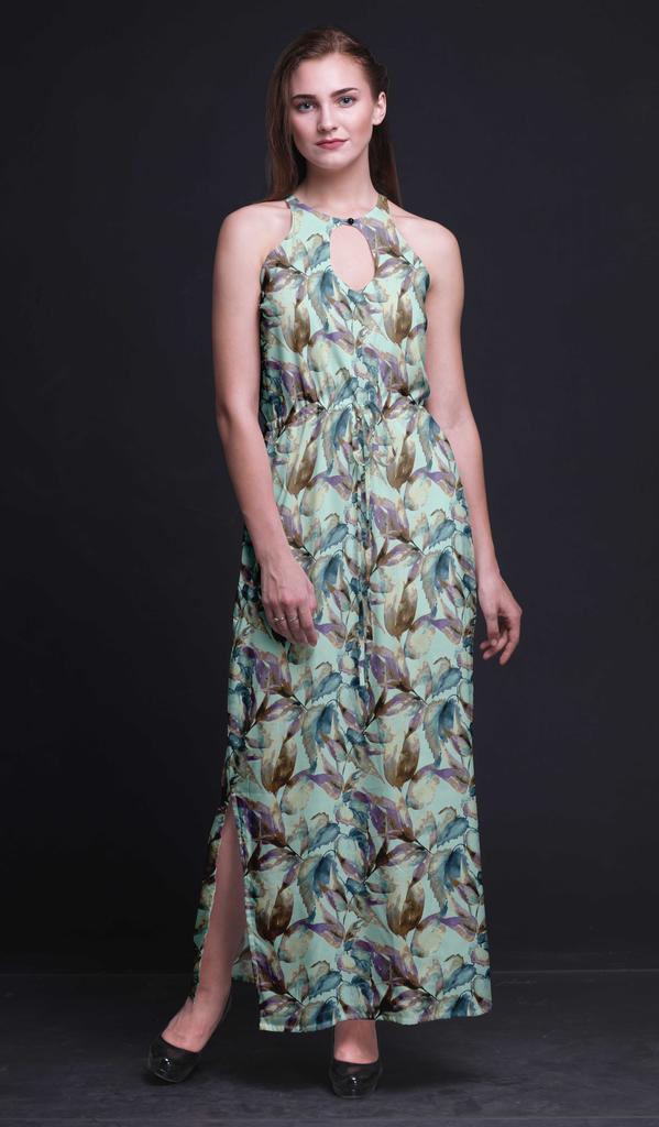 Bimba Leaves Women Sleeveless Crew Neck Halter Gown With Side Slits Maxi