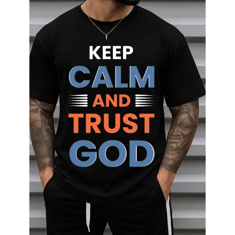 

European sizes Men s Keep Calm and Trust God T-Shirt - Black Faith Apparel with Short Sleeve Round Neck Casual Casual Attire Religious Gift 4XL чорний