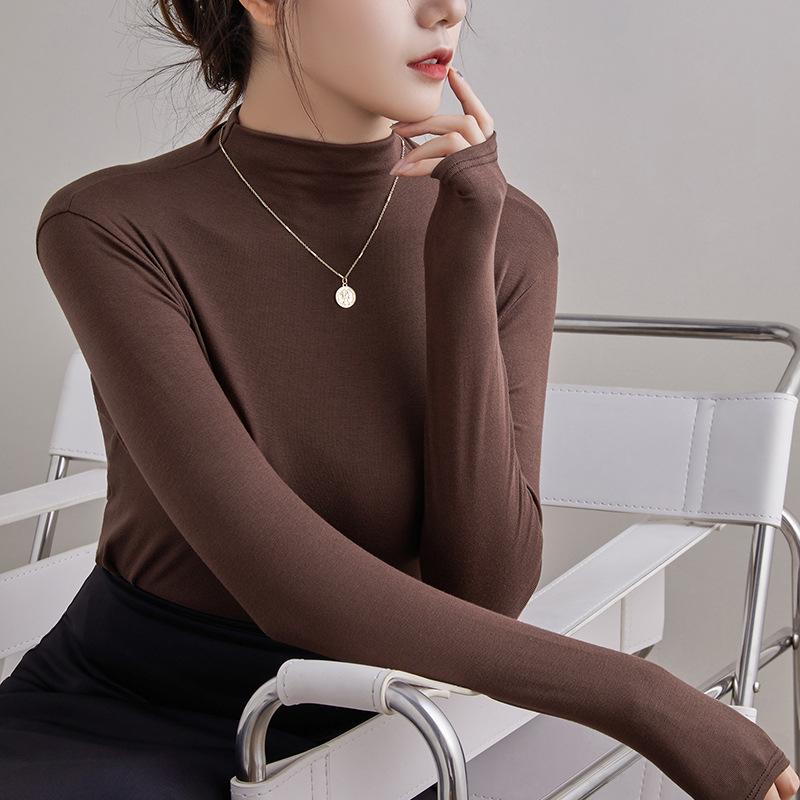 Women's Black Mid-Neck Modal Base Layer Top - 2024 Long Sleeve Slim Fit for All Seasons