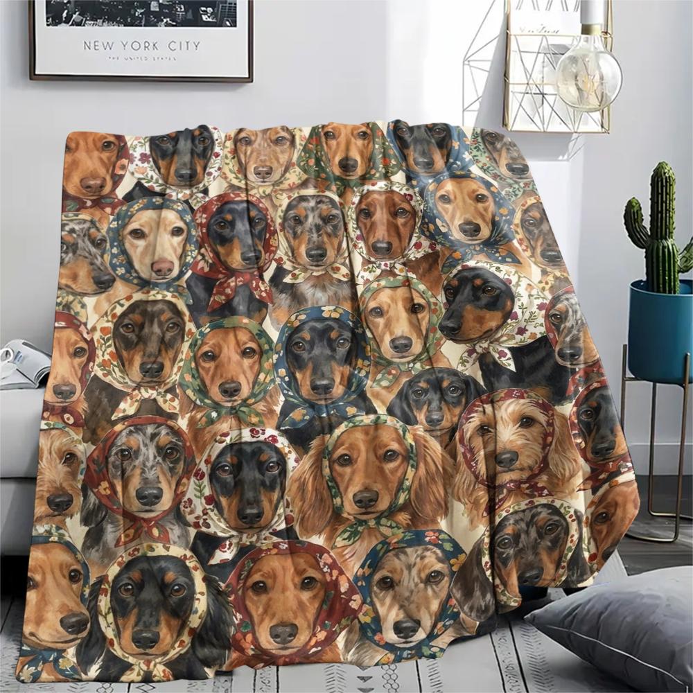 1PC Retro Pet Puppy Print Flannel Blanket, High quality All Seasons, Home Decor, Warmth and Comfort, Perfect for Christmas Gifts
