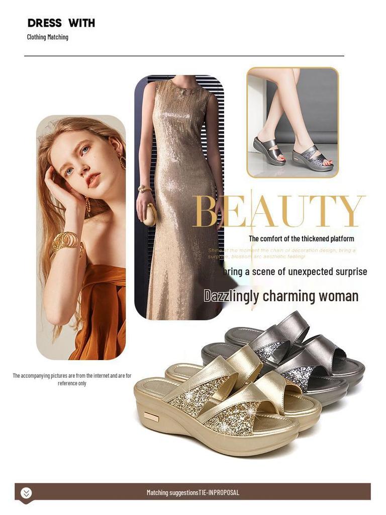 Size 43 Women's Sequin One-Strap Peep-Toe Wedge Heel Sandals, New 2022 Korean Style