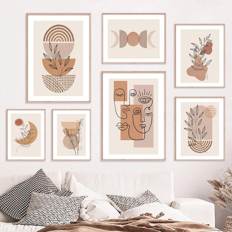 Boho Abstract Line Face Moon Rainbow Leaves Wall Art Canvas Painting Nordic Posters And Print Wall Picture For Living Room Decor