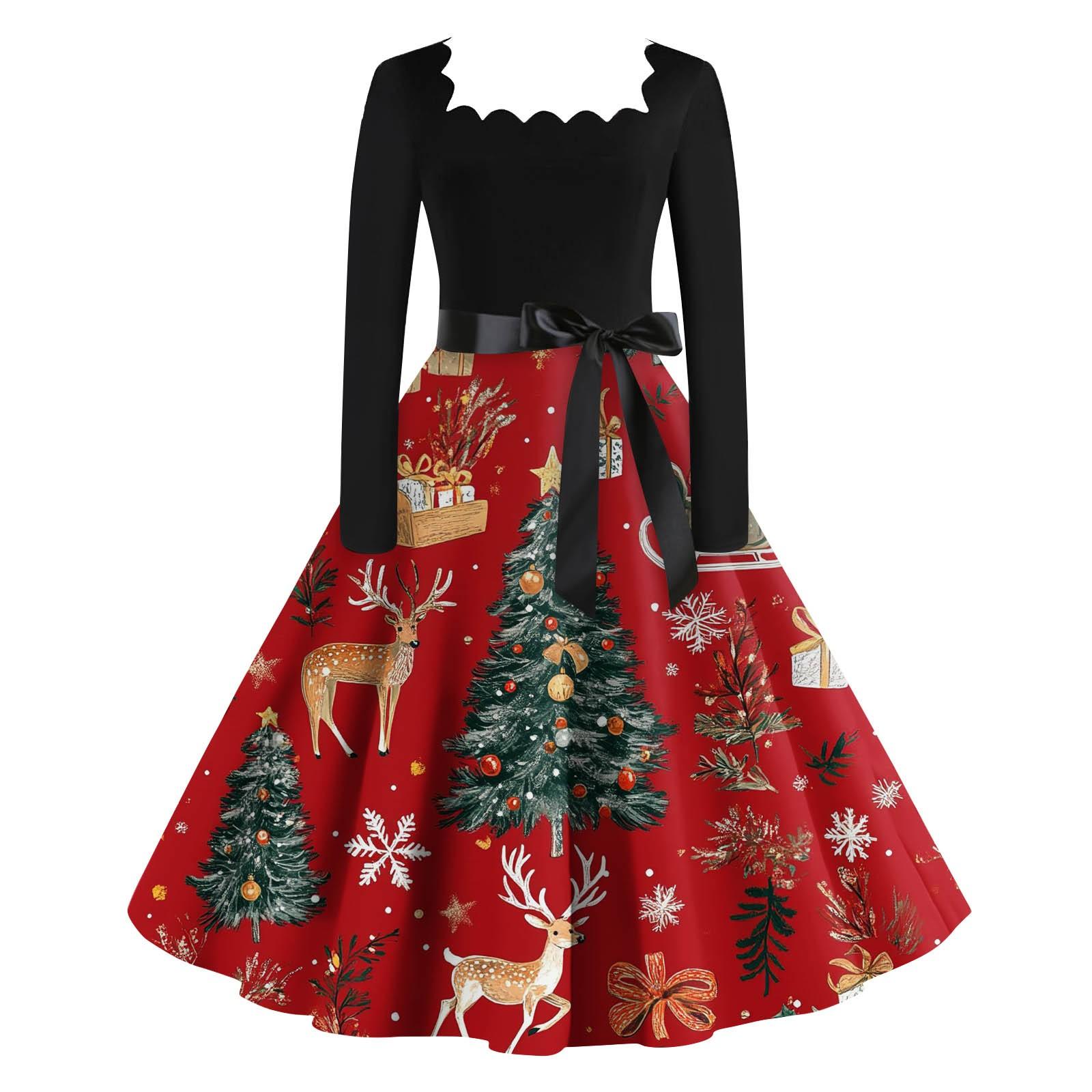 

Женские повседневные модные длинные платья с рождественским графическим принтом и длинными рукавами в винтажном стиле XXXL красный