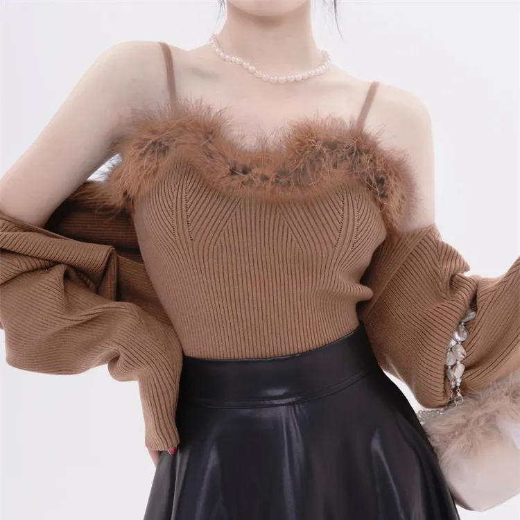 Two- Piece Sweaters Women Korean Fashion Long Sleeve Knitted Cardigan Woman + Fluff Camisole Sweet Camisole Female  C-036