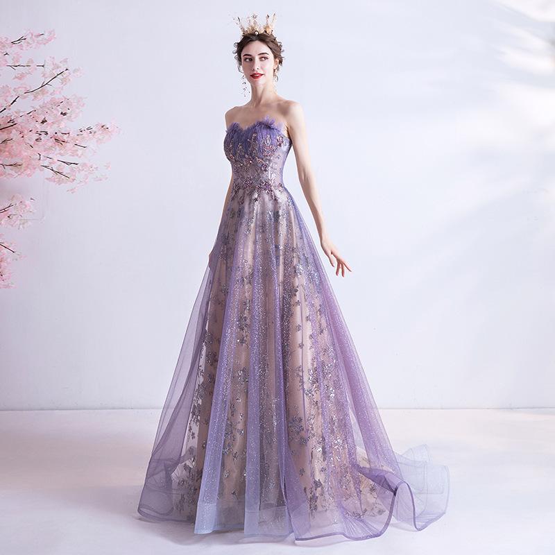 Evening dress 1011 new sexy tube top purple sequined star skirt banquet bride art test performance dress