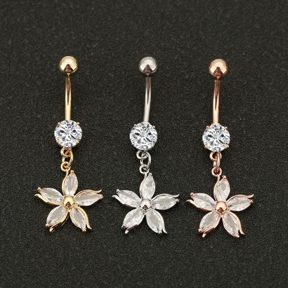 Dangled Design Apricot Blossom Navel Jewelry Zinc Zinc Alloy Flower Rhinestone Belly Ring  Women